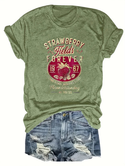 Harajuku Strawberry Fields Forever Letter Print Women T Shirt Short Sleeve Crew Neck Summer Casual Top for Women Clothes Shirts