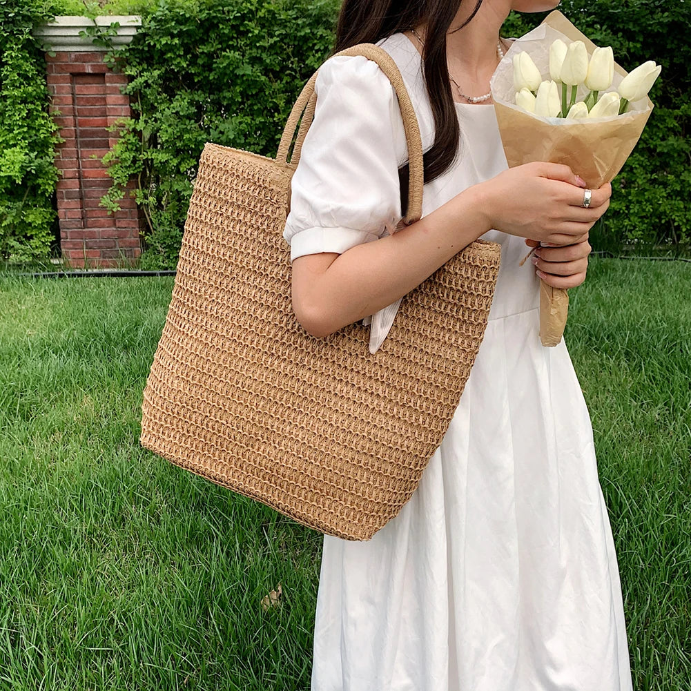 Women Straw Tote Handbag – Large Capacity Beach Bag With Zipper Closure