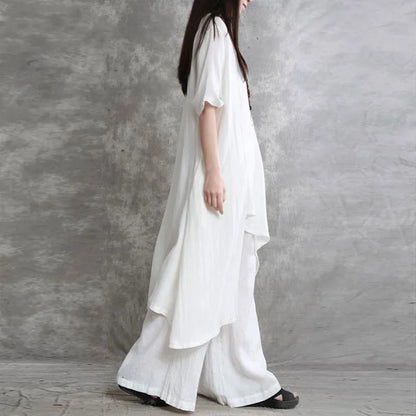 Women's Cotton Linen 2-piece Sets Large Size Casual Wear Sportswear Suit Short-Sleeved O-Neck Top Wide Leg Pants Suits For Women