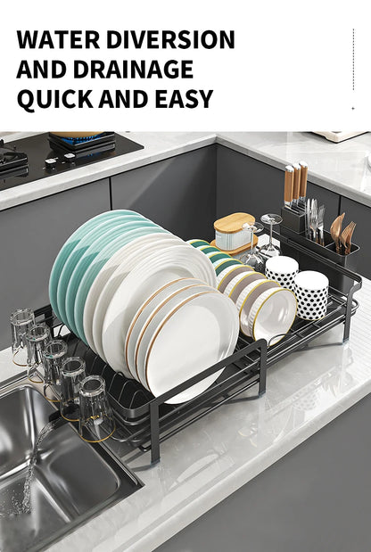 Expandable Dish Drainer - Adjustable Kitchen Rack with Drainboard, Utensil & Cup Holder