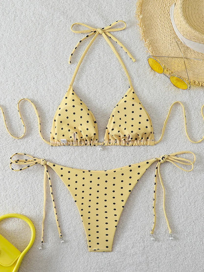 Micro Bikinis Set - Women's Swimwear Dot Print Halter Neck Lace Up Bikini