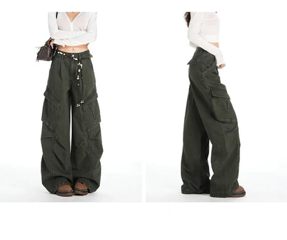 Retro Casual High Waisted Baggy Cargo Jeans Women Washed Distressed Wide Leg Pants Brown Denim Y2K Streetwear Vintage Trousers