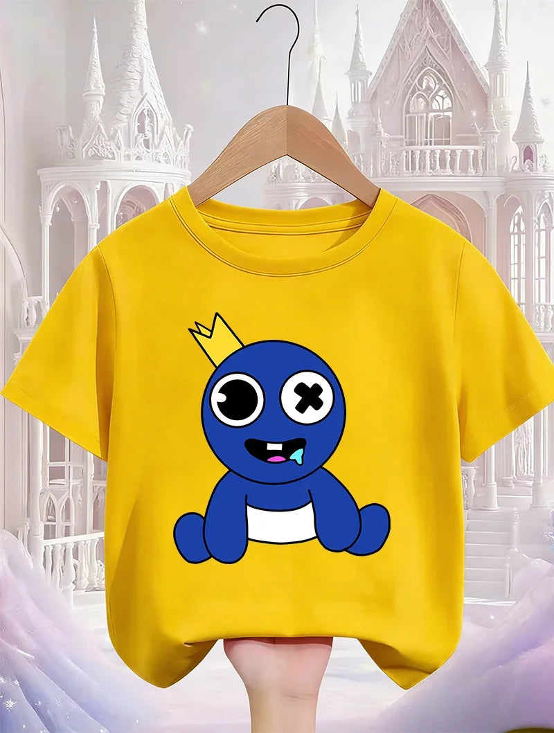 Rainbow friend cartoon pattern boy and girl summer cute round neck fashionable casual short sleeved top