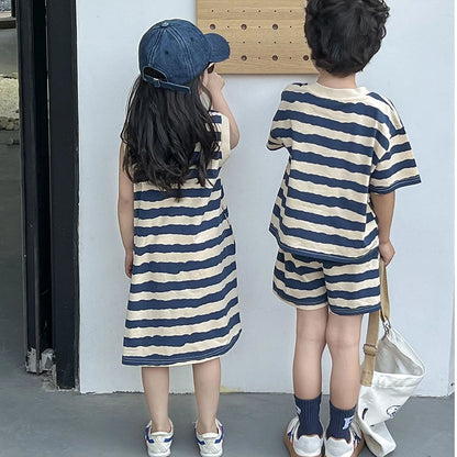 1pcs Summer Chldren Boy Stripe Short Sleeve Tops+Shorts Set Girl Sleeveless Vest Skirt Kids Toddler Fashion Leisure Clothes Set