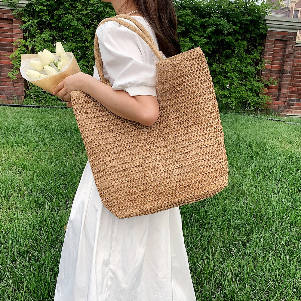 Women Straw Tote Handbag – Large Capacity Beach Bag With Zipper Closure
