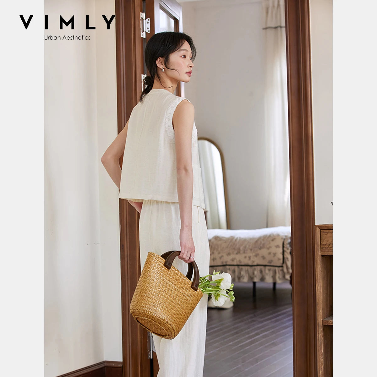 VIMLY Linen Blend Pant Set Two Piece Old Money Style Woman Summer Outfits 2026 Sleeveless Vest Wide Legs Pants Lady Suit A0820