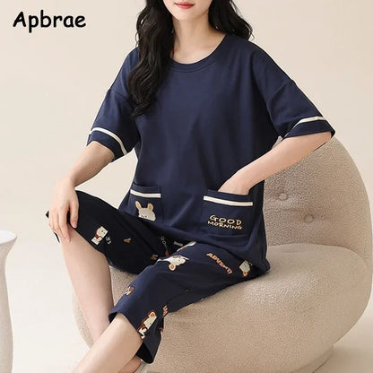Summer Capris Pajamas for Women Plus Size 5XL Woman Causal Pajama Sets Cartoon Lapel Pijamas Cute Girl Soft Cotton Sleepwear