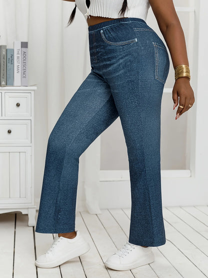 Plus Size Denim Print High-Stretch Flared Pants Loose Fit Comfortable Slimming Non-Jeans Fabric Women's Casual Trousers