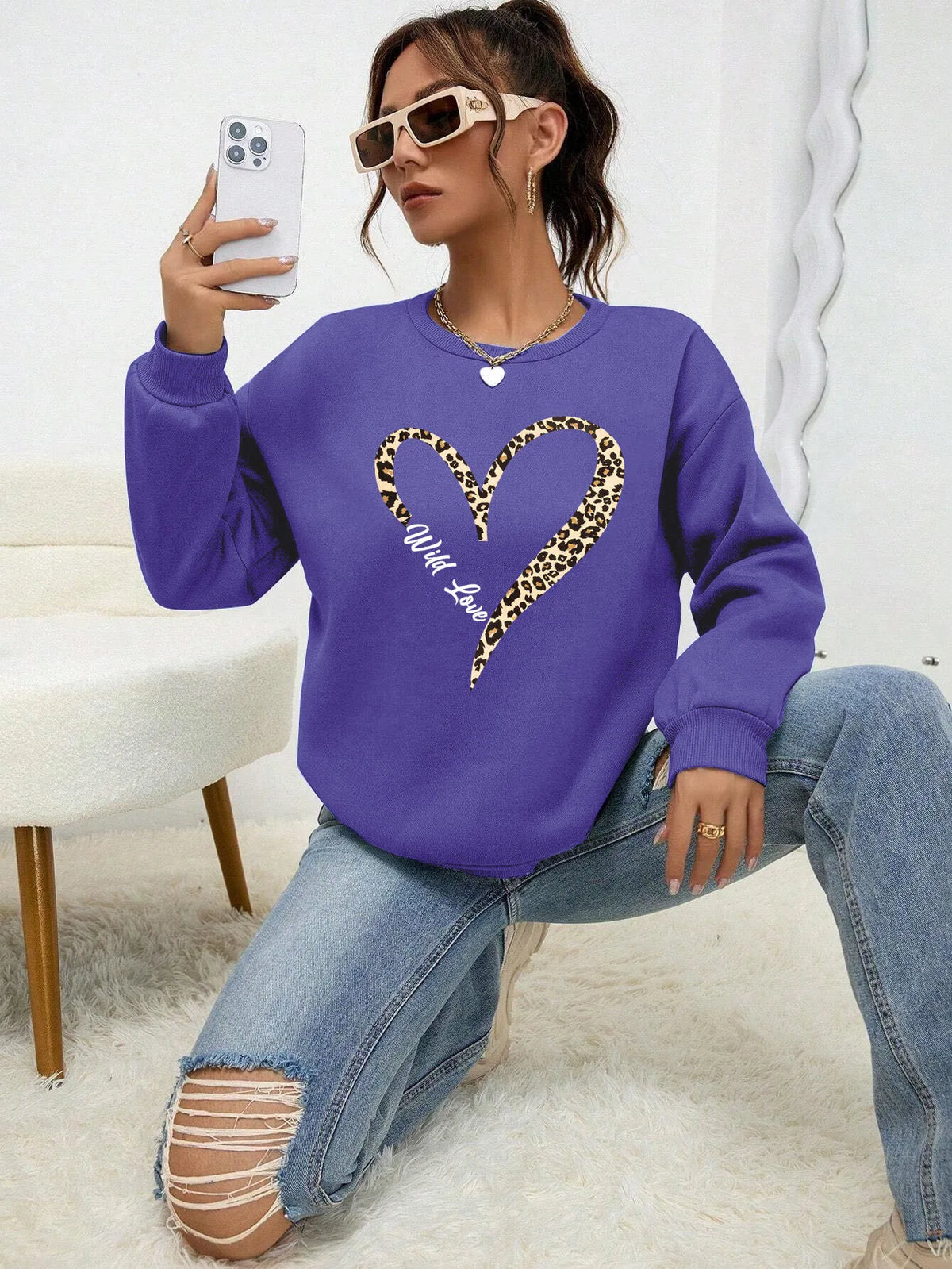 Leopard Wild Heart Pattern Print Female Sweatshirt Street Fur-Liner Pullovers Hipster Clothing All-Match Crewneck Tracksuit