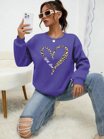 Leopard Wild Heart Pattern Print Female Sweatshirt Street Fur-Liner Pullovers Hipster Clothing All-Match Crewneck Tracksuit