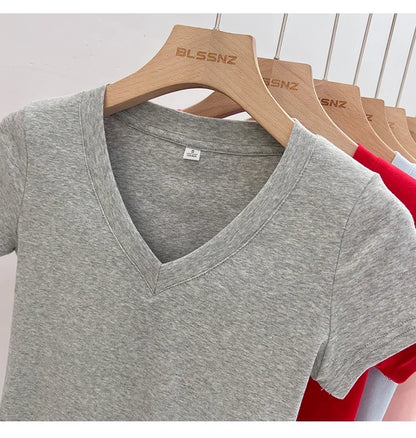 Summer Sexy V-neck Slim T Shirt Women Cotton Basic Solid Crop Tops Female Casual Tops Short Sleeve T-shirts 2026