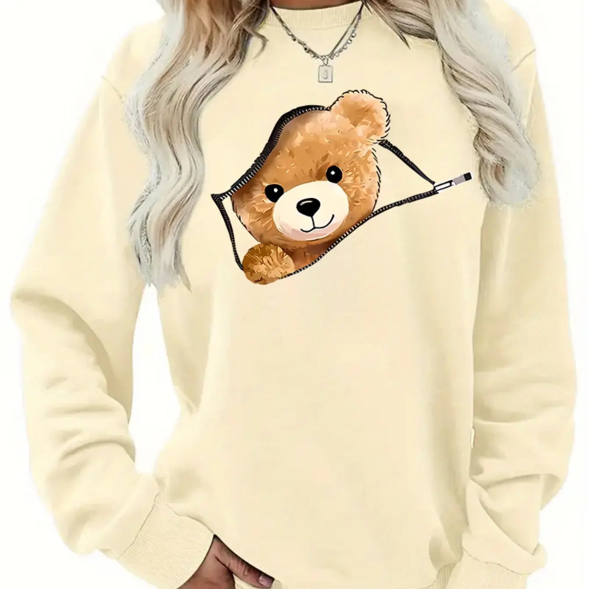 Women's Autumn and Winter Loose Casual Cartoon Zipper Bear Pattern Printed Velvet Long-Sleeved Round Neck Sweatshirt Pullover
