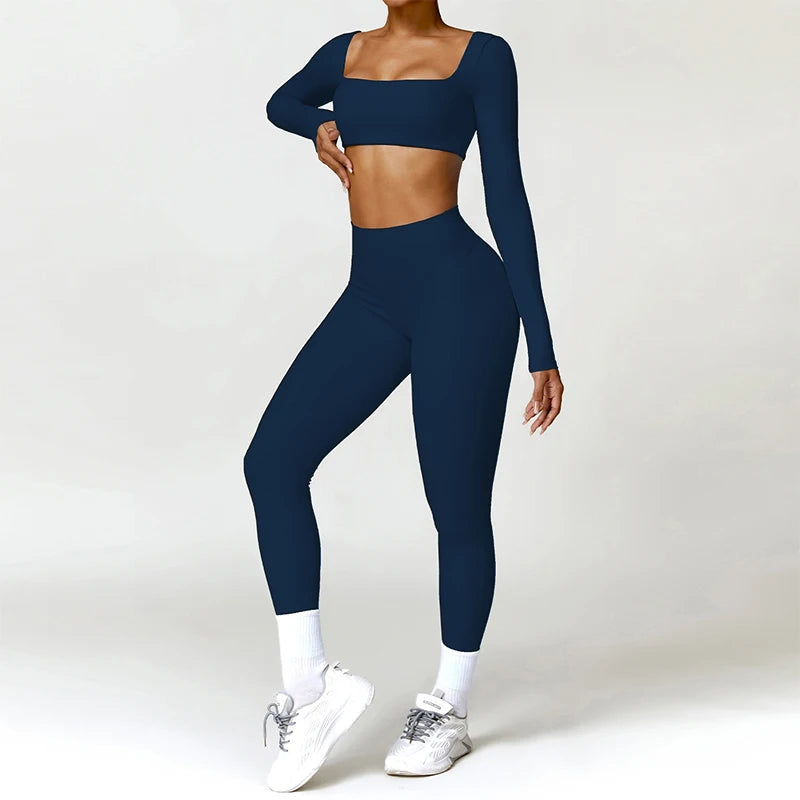 Women Yoga Suit - Quick Dry Gym Tracksuit With Long Sleeve Top & High Waist Leggings