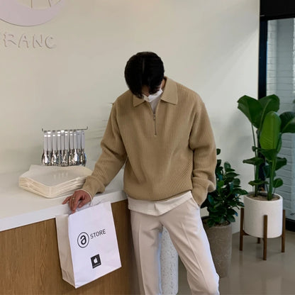 Winter Lapel Sweater Men Warm Fashion Casual Knit Pullover Men Korean Loose Zipper Long Sleeve Sweater Mens Jumper Clothes