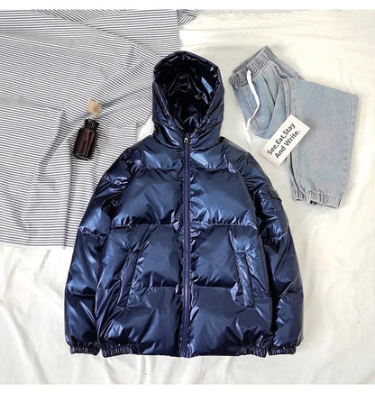 Streetwear Fashion Bright Silver Puffer Jackets for Men Thicken Winter Mens Coats Casual Hooded Cotton Wadded Heated Jacket Men