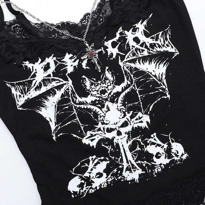 AltGoth Gothic Punk Camis Women Streetwear Harajuku Y2k Grunge Graphic Bat Printed Lace Patchwork Crop Tank Top with Chain Femme