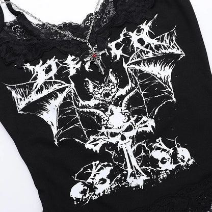 AltGoth Gothic Punk Camis Women Streetwear Harajuku Y2k Grunge Graphic Bat Printed Lace Patchwork Crop Tank Top with Chain Femme