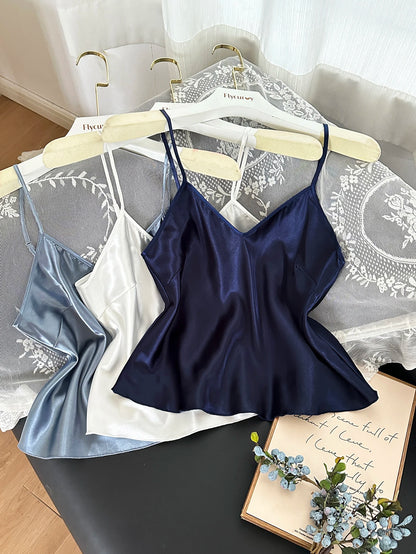 Women 3PCS Solid Color Pajamas V Neck Spaghetti Strap Sleeveless Slip Top Elegant Ladies Sleepwear Set for Home or Da