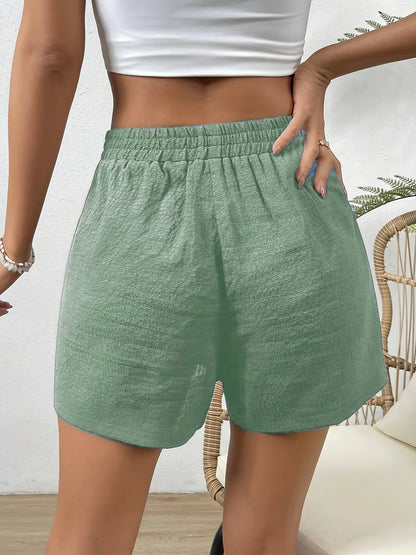 Solid Color Elastic Waist Shorts with Fake Drawstring