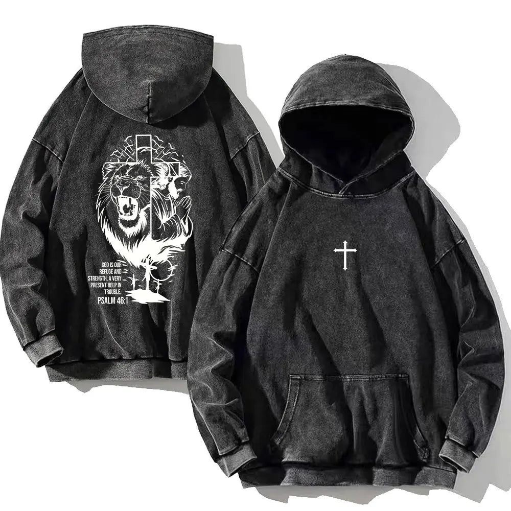 Vintage PSALM 91:11 Print Cotton Washed Hoodie Casual Hip Hop Men Women High Street Retro Hooded Sweatshirt Winter Pullover