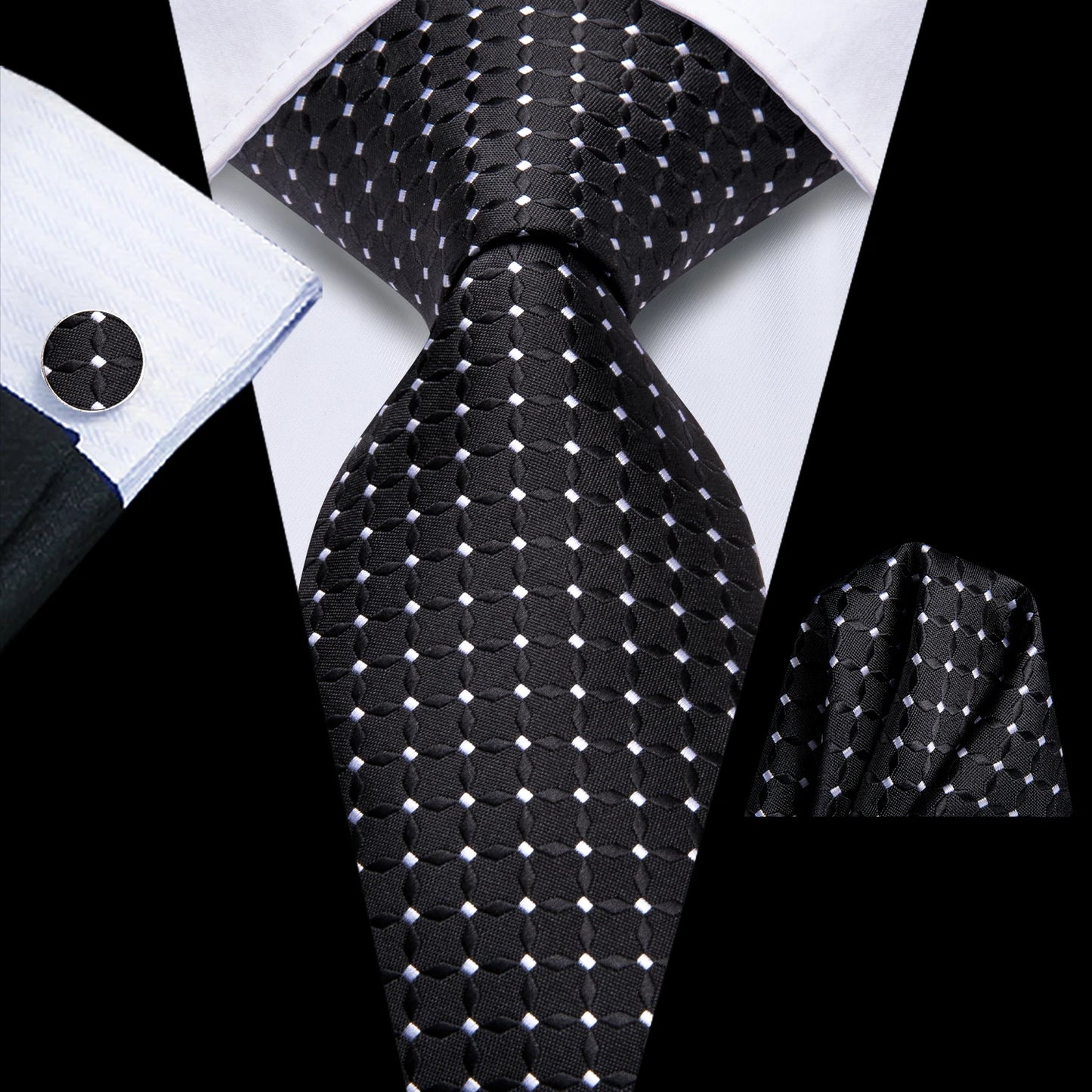 Black Floral Silk Wedding Tie Set - Elegant Necktie with Handkerchief  Cufflinks for Men