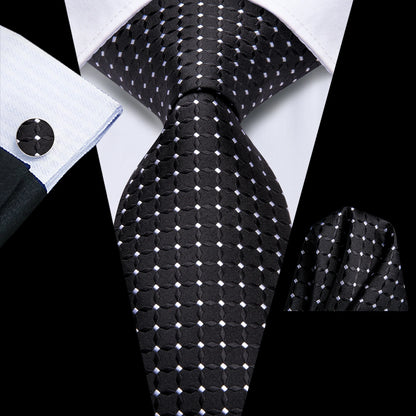Black Floral Silk Wedding Tie Set - Elegant Necktie with Handkerchief  Cufflinks for Men