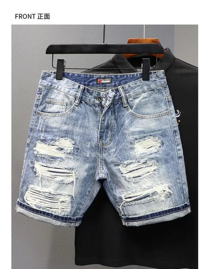 Men's Denim Shorts – Slim Fit Casual Knee Length Pants With Ripped Patch Detail