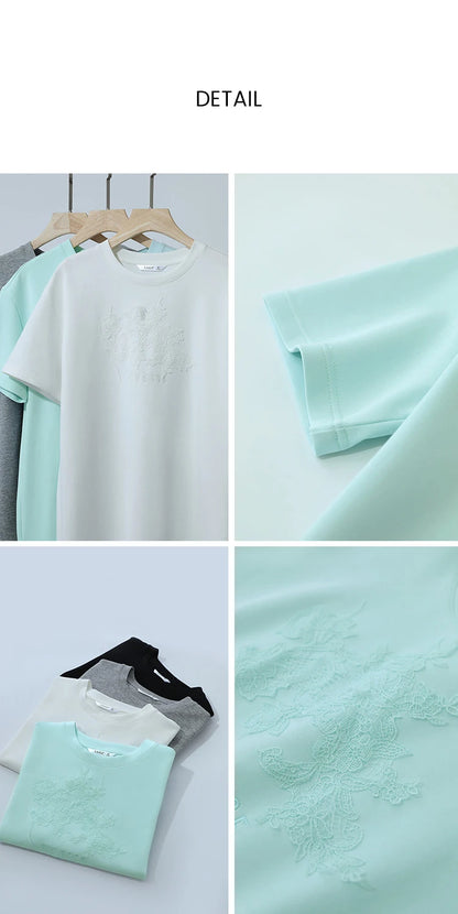 Amii Women's T-Shirt 2026 Summer New Round Neck Drop Shoulder Cotton Tee Lace Embroidered Woman Loose Fit knit Tops 12622048