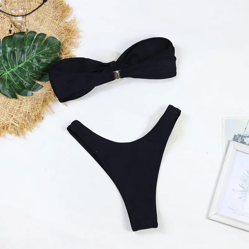 Floral Bikini Set - Women's Two Piece Swimsuit With Bandeau Top & Low-Rise Bottoms