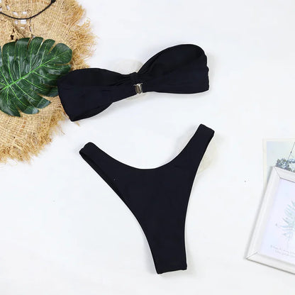 Floral Bikini Set - Women's Two Piece Swimsuit With Bandeau Top & Low-Rise Bottoms