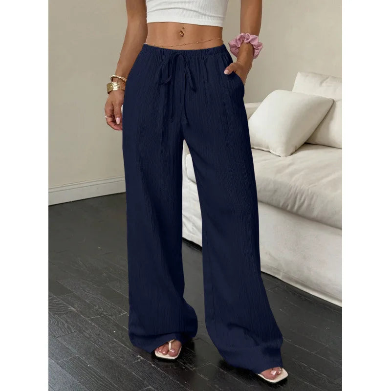 Women's Elegant Multi-Functional Stretch Waist Comfortable Casual Pants, Slightly Stretchy Simple Solid Textured Fabric High-Waist Wide-Leg Pants with Drawstring Waist and Slanted Pockets