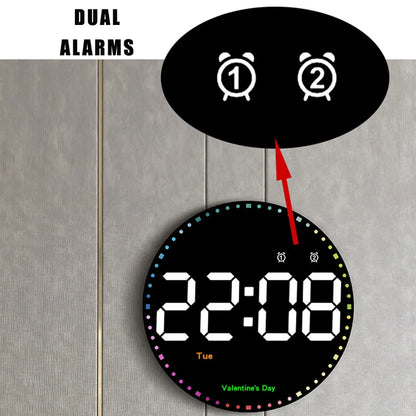 LED Wall Clock with Remote Control - Dual Alarms Calendar  Temperature Display Adjustable Brightness for Home Decor