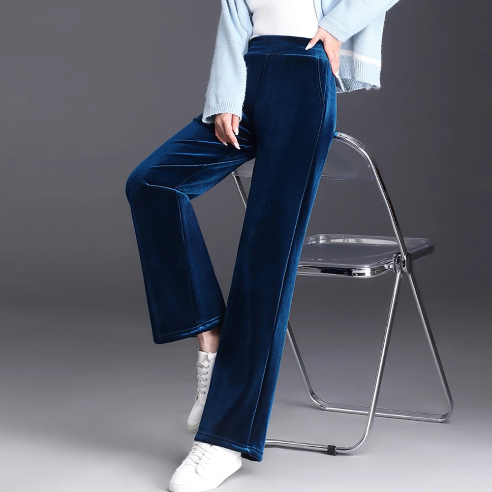 Korean style blue velvet wide leg pants for women in spring and autumn, high-end fashion, loose fit, plus size casual pants