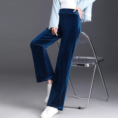 Korean style blue velvet wide leg pants for women in spring and autumn, high-end fashion, loose fit, plus size casual pants