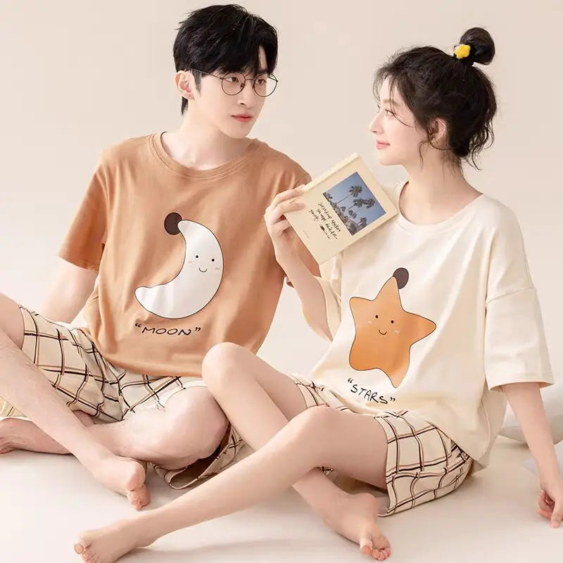Couple Pajamas Set Summer Short-Sleeved Sleepwear 100% Cotton Men and Women Pyjamas