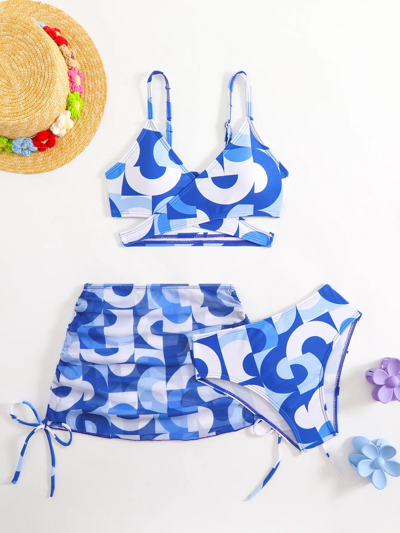 3pcs Swimming Suit for Girls Summer Beach Dress Swimsuit Tie-dye Printed Skirted Bikini Set Kids Bathing Suit