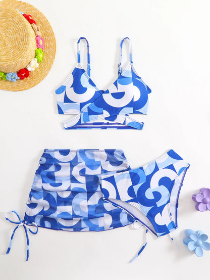 3pcs Swimming Suit for Girls Summer Beach Dress Swimsuit Tie-dye Printed Skirted Bikini Set Kids Bathing Suit