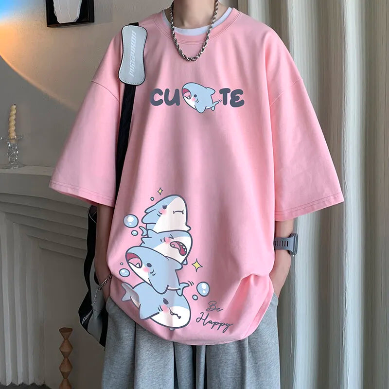 Men's Cotton T-shirts White Men Oversized T Shirt Anime Shark Print Summer Casual Wear 5XL Tee Shirts Big Size Male Clothes