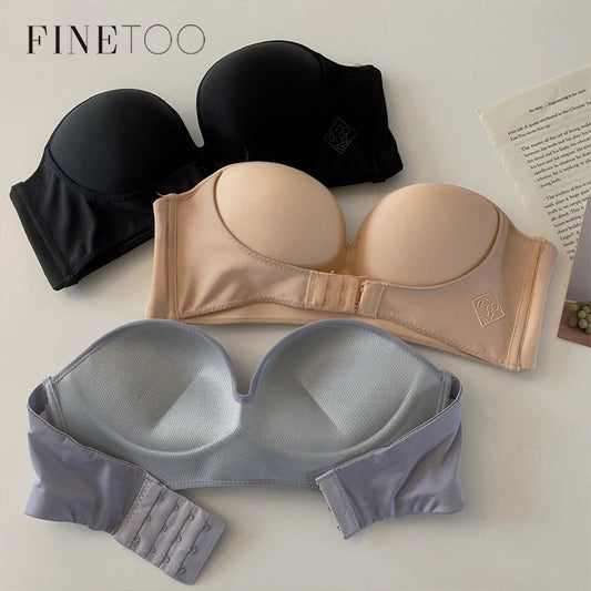 Strapless Push Up Bra - Front Closure Wireless Bralette, Seamless Nylon One-Piece Brassiere