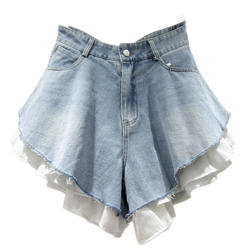 WTHT New Fashion Women's Patchwork Hem Wash Denim Shorts 2025 Summer Trendy High Waist A-line Short Pants Female 1LS1393