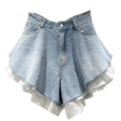 WTHT New Fashion Women's Patchwork Hem Wash Denim Shorts 2025 Summer Trendy High Waist A-line Short Pants Female 1LS1393