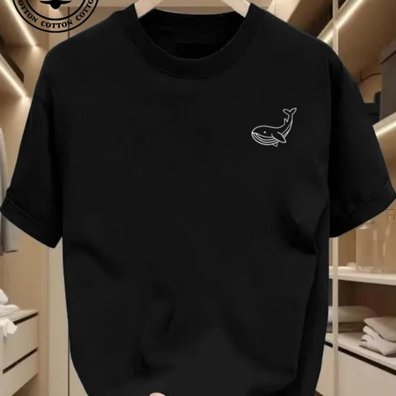 New Men's Summer Fashionable Casual Sports Loose Large Whale Pattern Printed Fashion Round Neck Short Sleeve T-shirt Top S-5XL