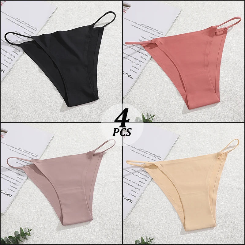 4PCS/Set Seamless Thin Strap Thong Underwear Women Low Rise Briefs Ice Silk Comfortable Panties Multi Color No Trace Lingerie