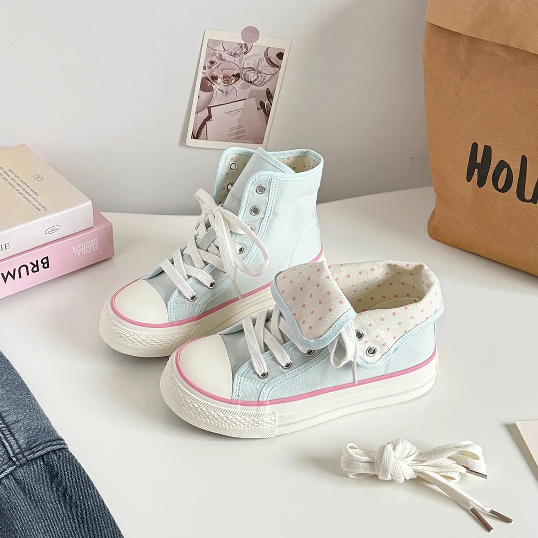 Women's High Top Platform Canvas Sneakers Polka Dot Foldable Collar Lace Up Breathable Korean Style Casual Shoes Fall 2026