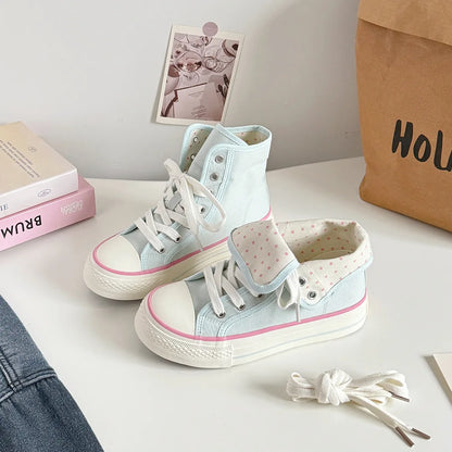 Women's High Top Platform Canvas Sneakers Polka Dot Foldable Collar Lace Up Breathable Korean Style Casual Shoes Fall 2026