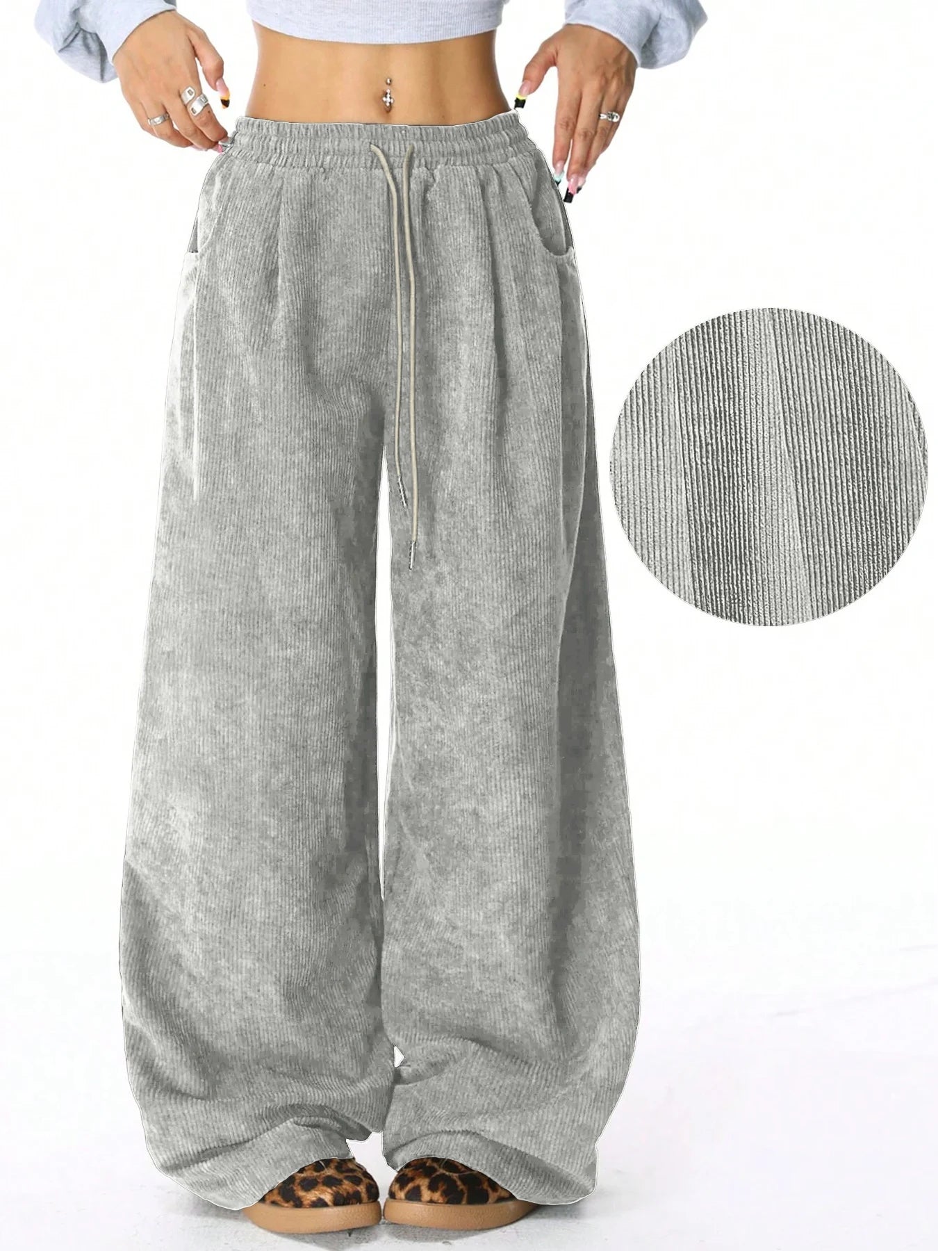 Women's Retro Corduroy Cargo Pants Casual Drawstring Straight Sports Pants Drape Daily Commuting Wide Leg Pants