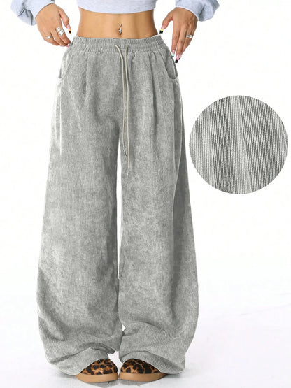 Women's Retro Corduroy Cargo Pants Casual Drawstring Straight Sports Pants Drape Daily Commuting Wide Leg Pants