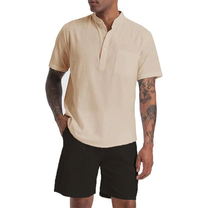 Men's Cotton Linen Set Henley Shirts Shorts Outfits 2 Pieces Beach Clothes Vacation Matching Suit Summer Wear Shirt Sleeve