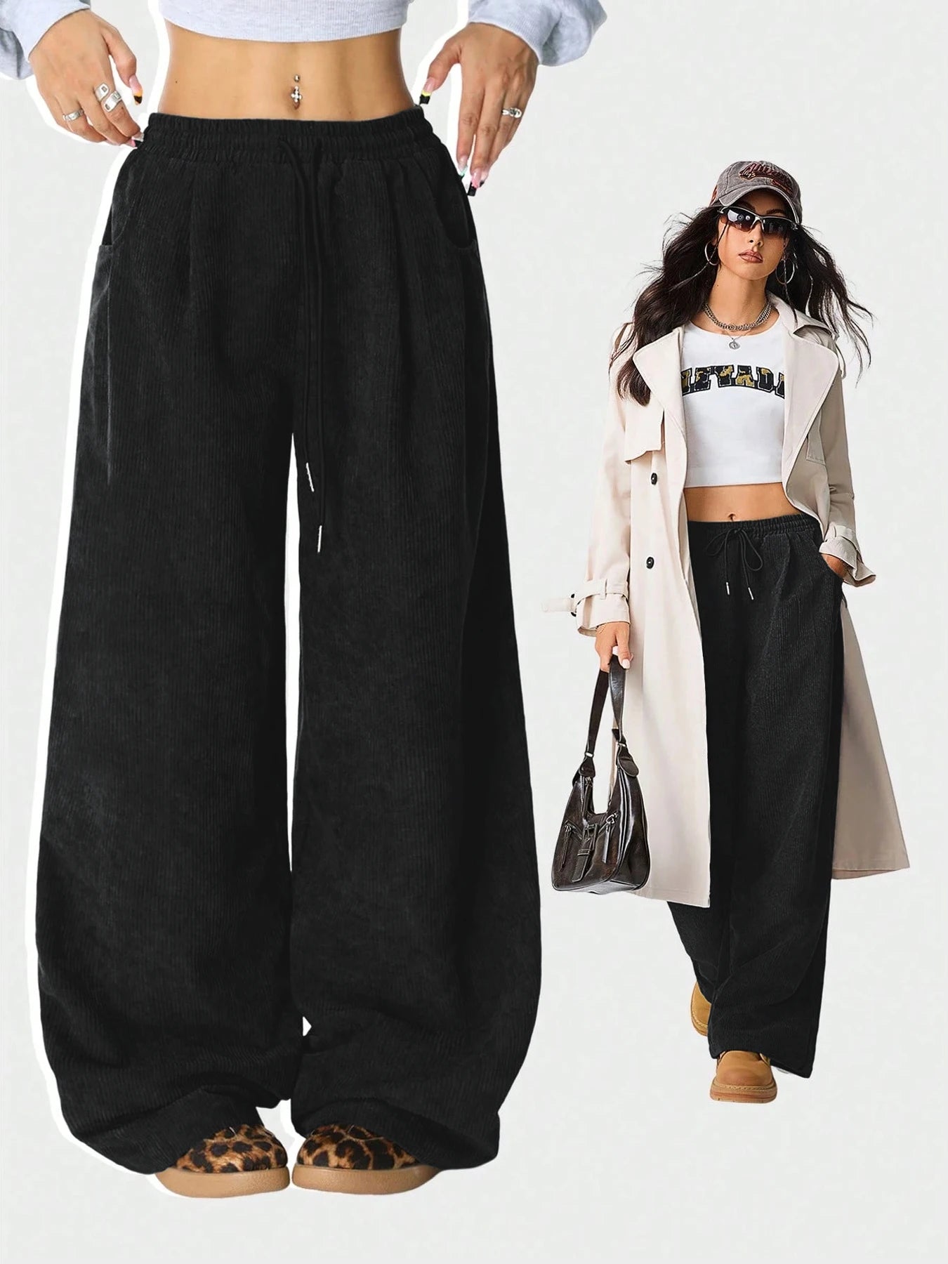 Women's Retro Corduroy Cargo Pants Casual Drawstring Straight Sports Pants Drape Daily Commuting Wide Leg Pants