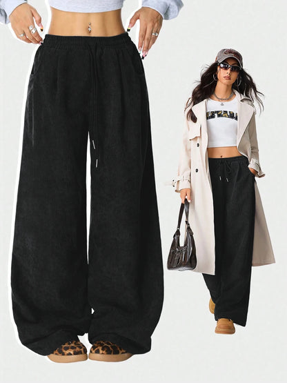 Women's Retro Corduroy Cargo Pants Casual Drawstring Straight Sports Pants Drape Daily Commuting Wide Leg Pants